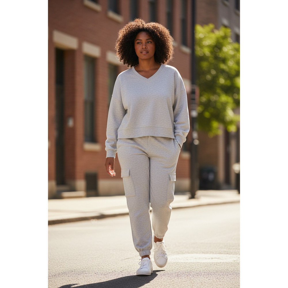 Express Two Piece Relaxed V-Neck Sweatshirt and Cargo Sweatpants Set Size: L